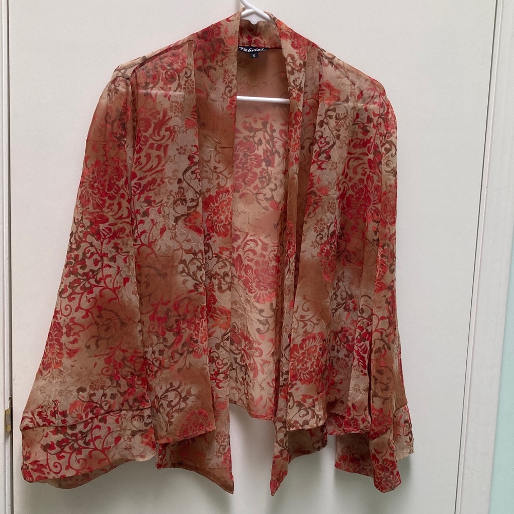 Red and Tan Floral Sheer Kimono